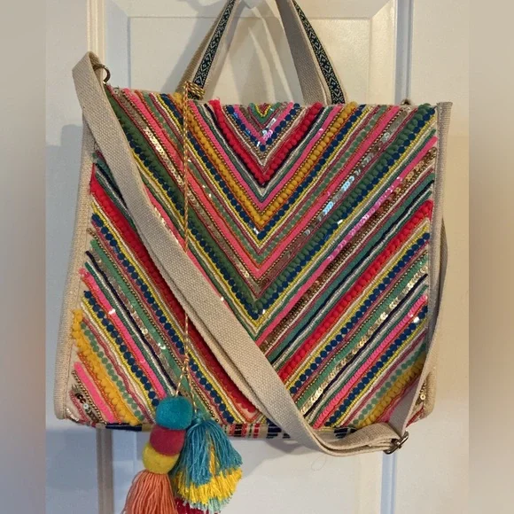 America & Beyond Chevron Boho Multicolor Pom-Pom Embroidered Crossbody Tote Bag - Picture 3 of 8